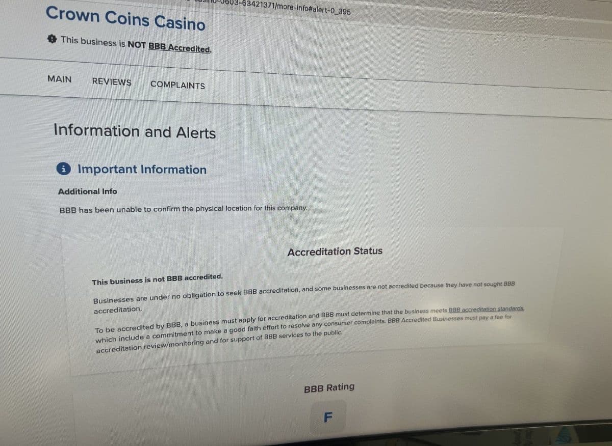 BBB Raises Concerns Over Crown Coins' Payout Issues
