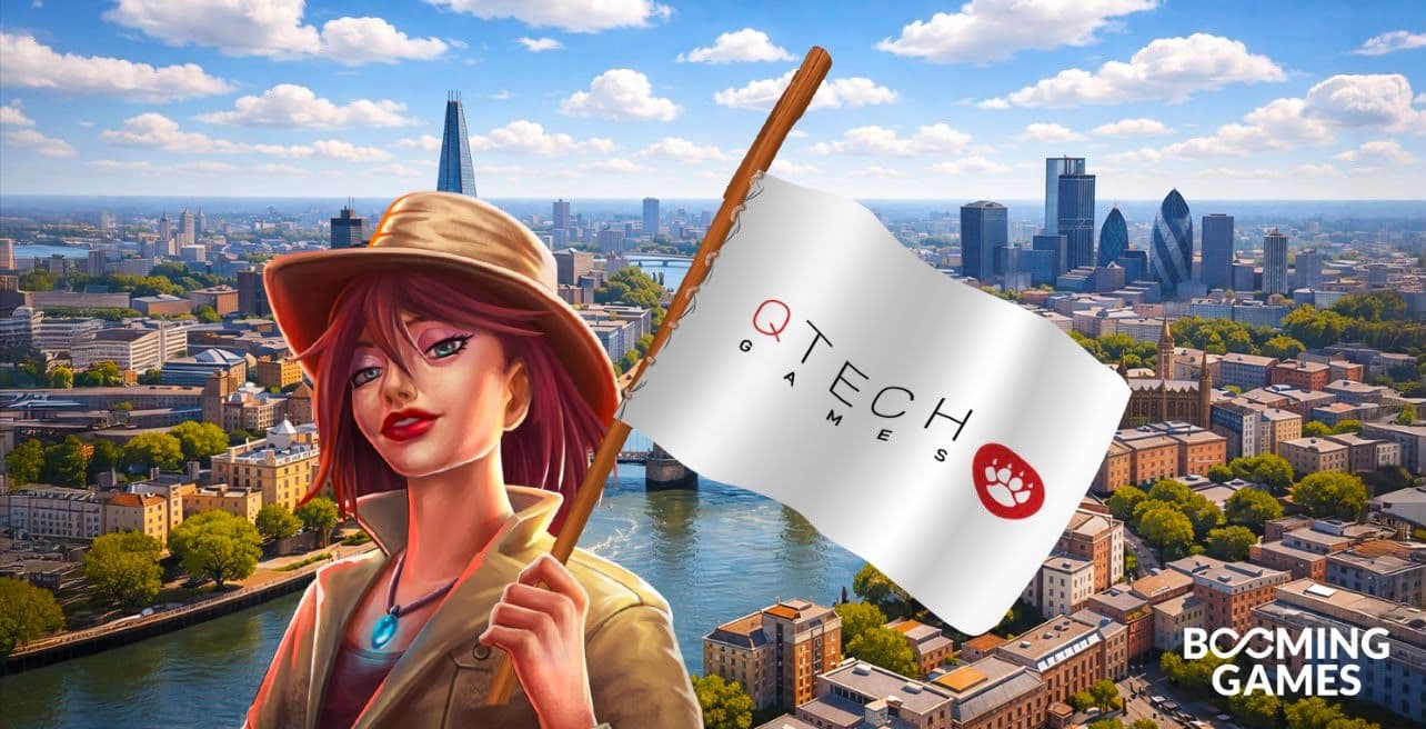 Logos of Booming Games and QTech Games with a global background