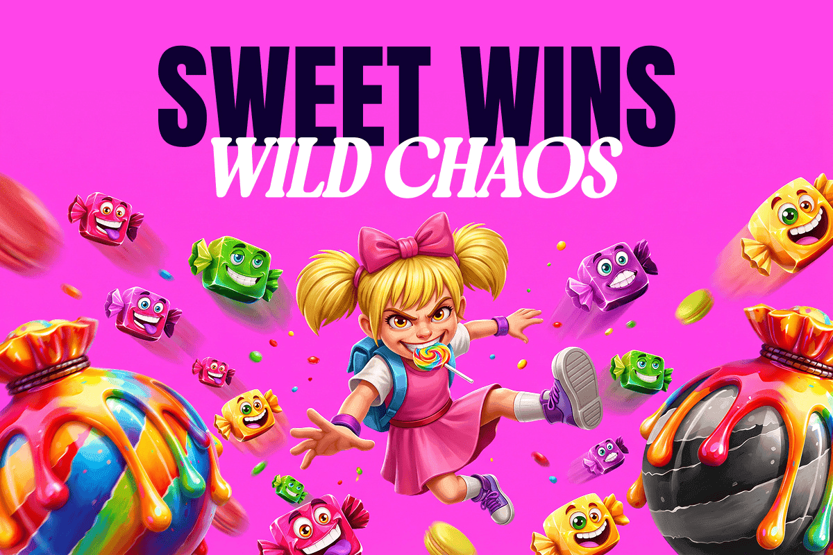 Candy Chaos slot game screen showing animated character, colorful symbols, and interactive bonus features