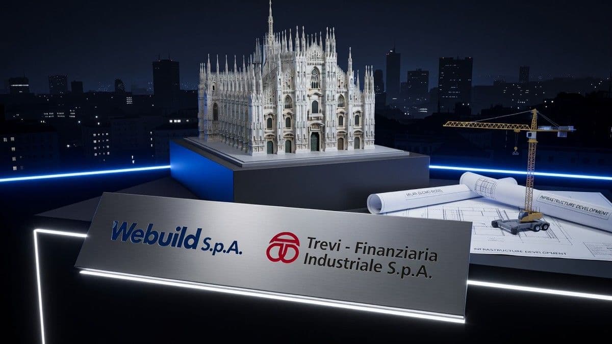 Logos de Webuild S.p.A. y Trevi Group junto al símbolo del mercado de Euronext Milán sobre un fondo neutral