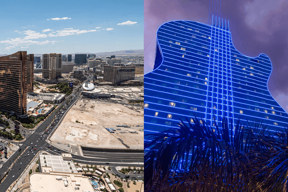 Render artístico del Hard Rock Guitar Hotel sobresaliendo en el skyline de Las Vegas con la silueta de una guitarra gigante.
