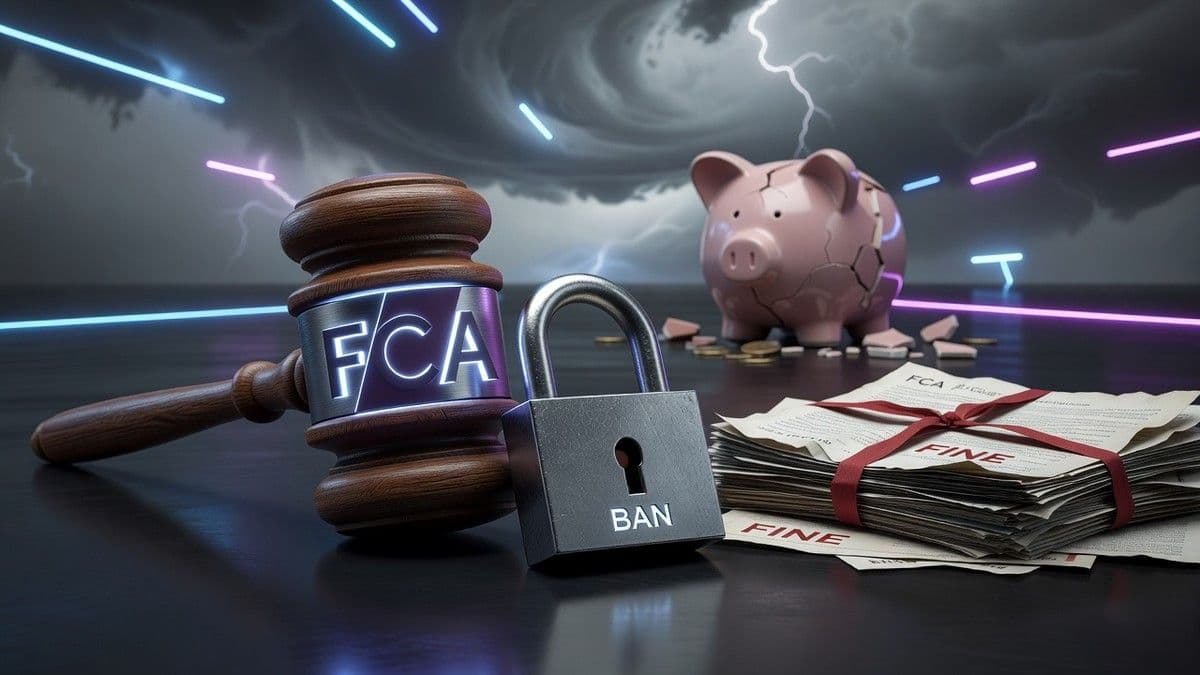 Sede de la FCA y gráficos financieros representando sanciones regulatorias en el Reino Unido