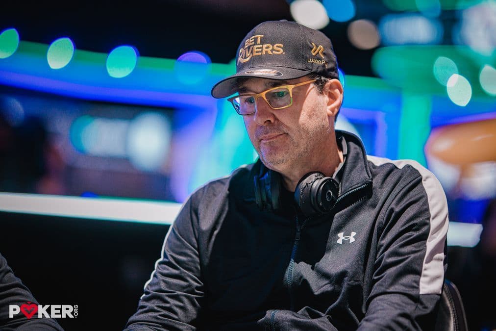 Phil Hellmuth at the 2026 World Series of Poker final table with chips and rail in view