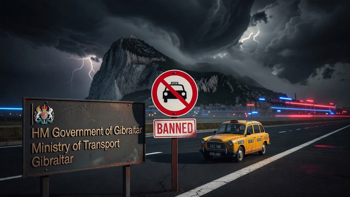 Control policial y señales de taxi en la frontera entre Gibraltar y España con agentes revisando vehículos