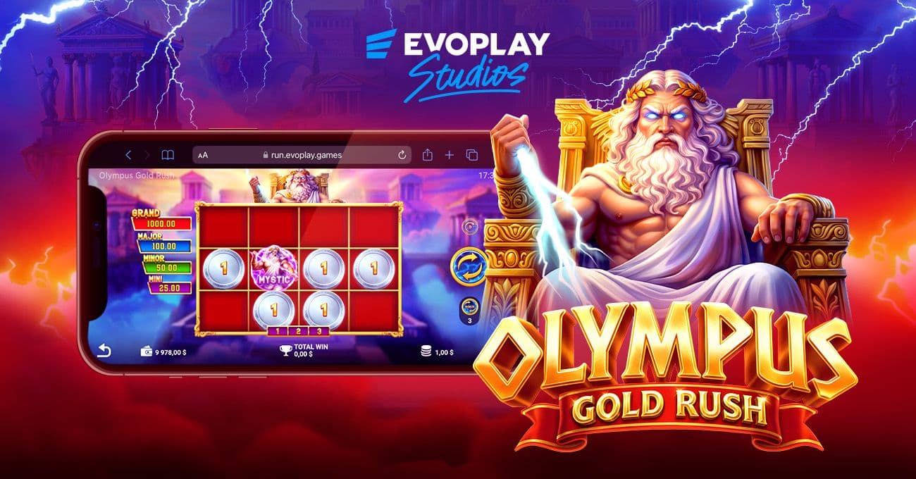Olympus Gold Rush slot interface with 4x3 grid and jackpot tiers themed on Greek mythology