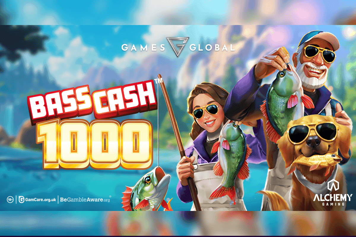 Ilustración del slot Bass Cash 1000™ mostrando el multiplicador 1.000x y funciones de bonificación en la interfaz de juego.