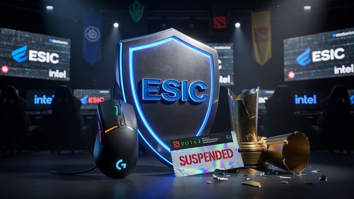 Santiago “TaiLung” Agüero Gustavo alongside the ESIC logo with Dota 2 match graphics in the background