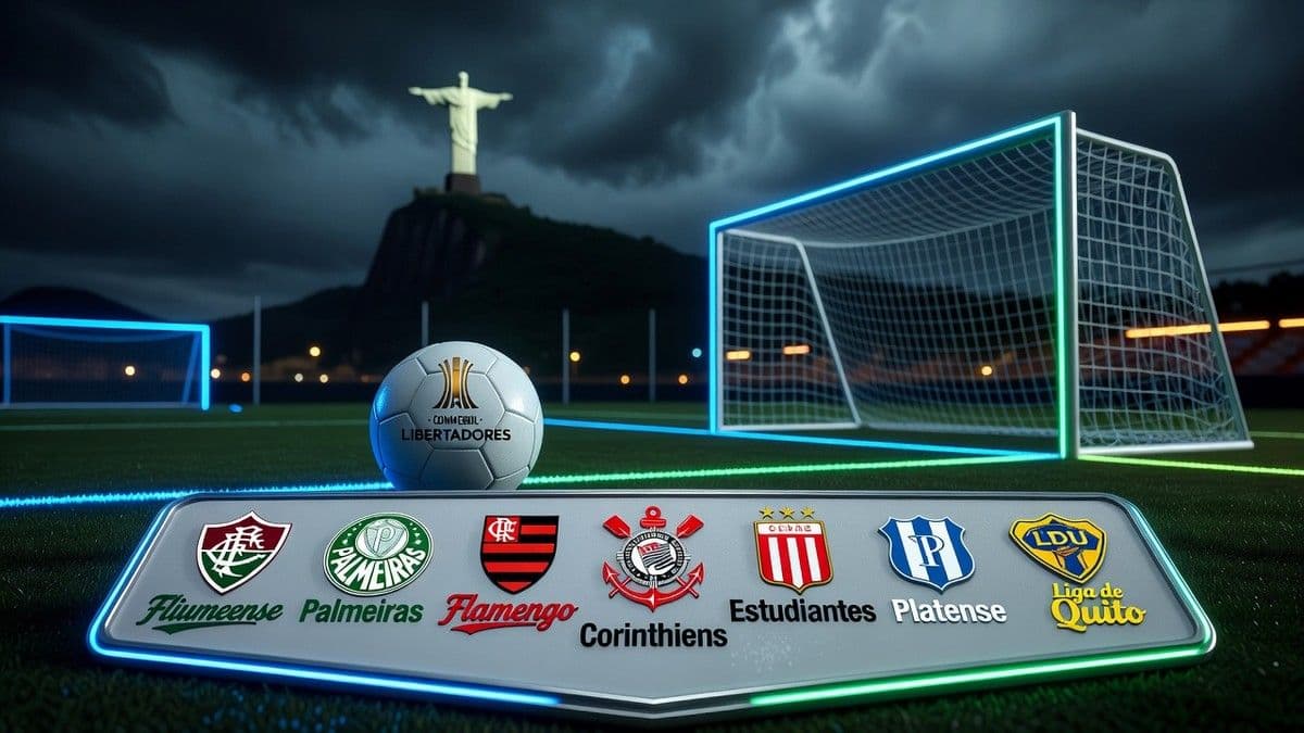 Ilustración editorial de un balón y banderines de equipos sudamericanos aludiendo a los Cuartos de Final de la Copa Libertadores 2026