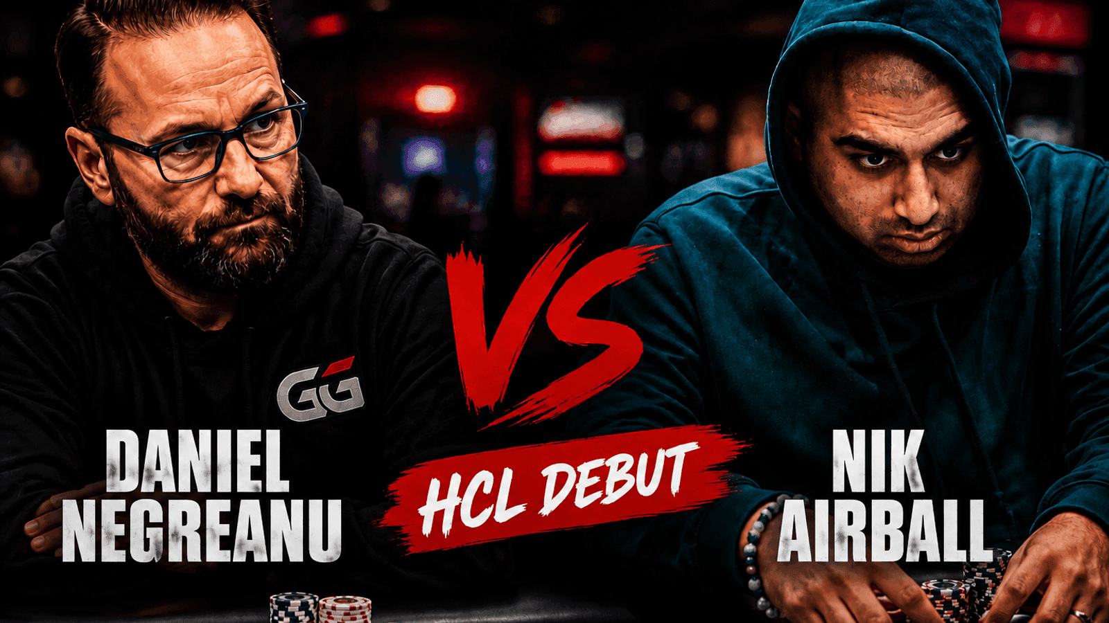 Daniel Negreanu playing at a poker table with Nik Airball and other Hustler Casino Live regulars in a high-stakes setting