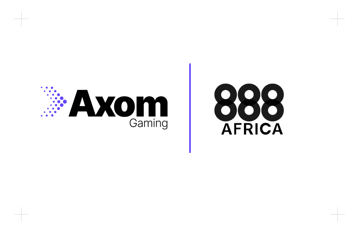 Axom Gaming branding overlaid with data analysis graphics and the 888AFRICA logo, suggesting CRM technology integration