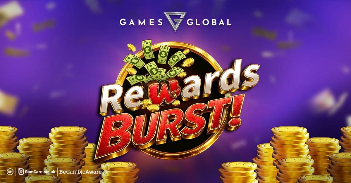 Banner de evento promocional para la campaña de premios de €5 millones de Rewards BURST! de Games Global, con imágenes de tragamonedas digitales.