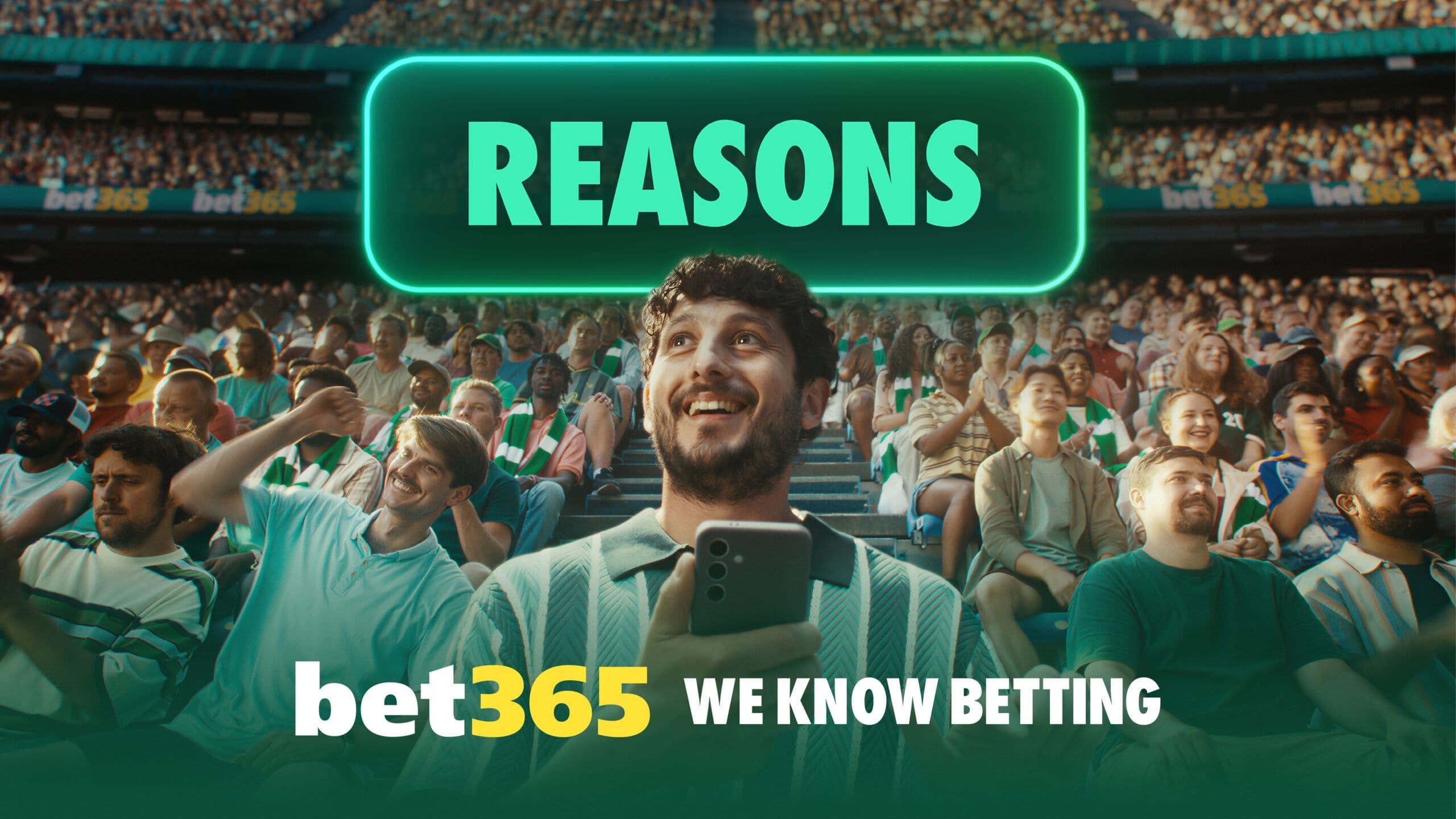 Bet365’s ‘We Know Betting’ campaign visuals and production on a dark background with campaign elements