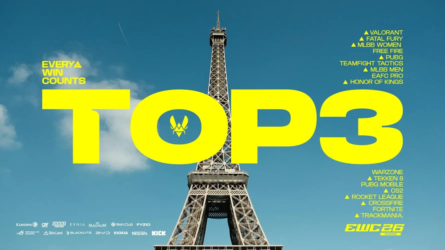 Los jugadores de esports de Team Vitality celebran en el escenario en el Campeonato de Clubes de la Copa Mundial de Esports 2026 en París