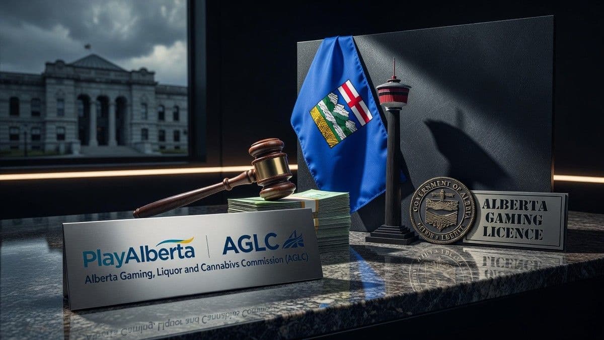Representación digital de Alberta con símbolos de iGaming superpuestos e íconos de casinos, reguladores e impuestos