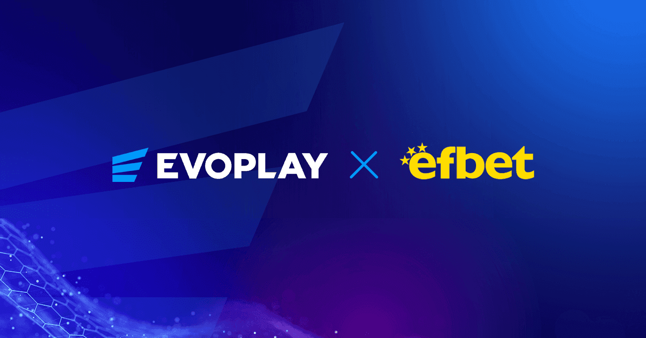 Logos de Evoplay y efbet junto a pantallas de juegos de casino de muestra, destacando la nueva asociación en Bulgaria