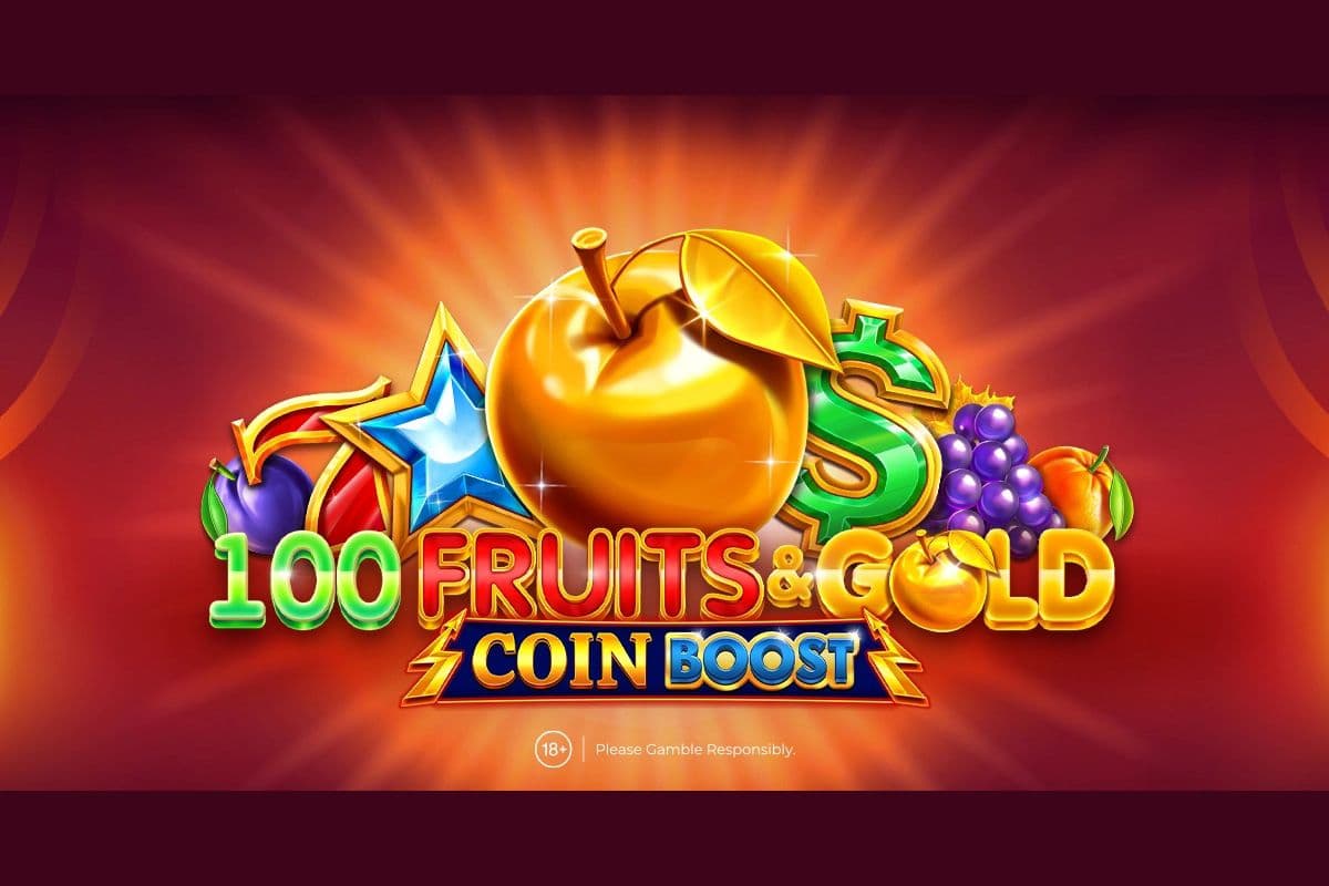Game screen of 100 Fruits & Gold Coin Boost slot showing expanding Wilds, Coin symbols, and jackpot values