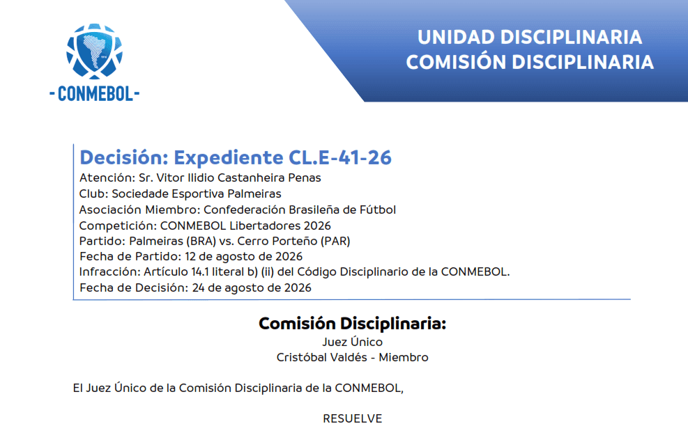 Official document from CONMEBOL detailing a disciplinary sanction with suspension and economic fine