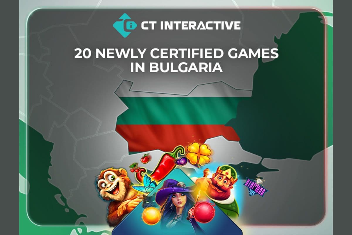 Presentación editorial de títulos certificados de CT Interactive en Bulgaria con interfaz de juego y logotipos destacados