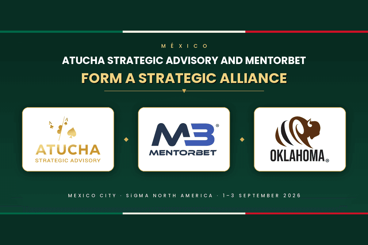 Logos de Asesoría Estratégica Atucha y MentorBet con un mapa de México y íconos de juegos superpuestos