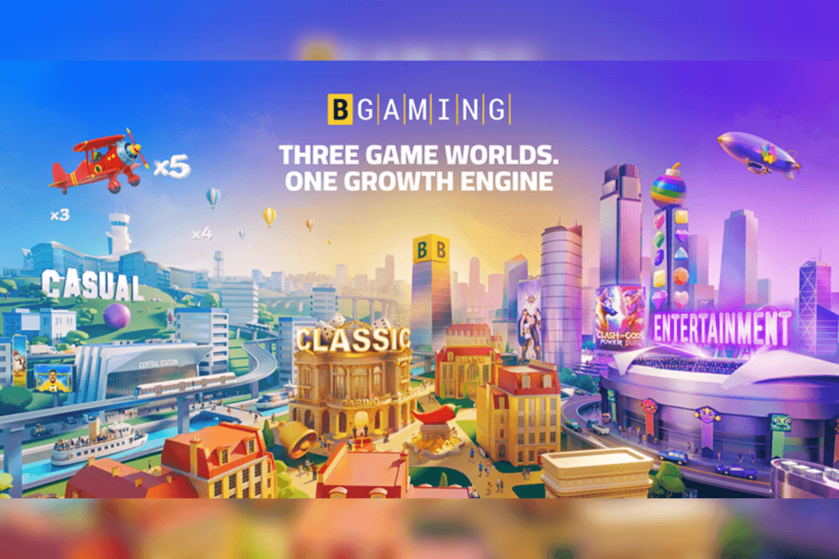 Presentación de BGaming en un evento de iGaming, con gráficos de tres categorías de juegos en pantalla