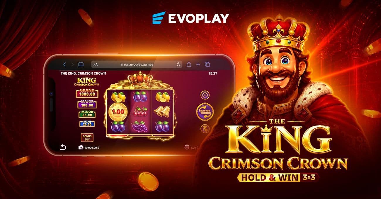 Slot game display showing The King: Crimson Crown three-reel design, with coins, jackpot levels, and bonus features highlighted