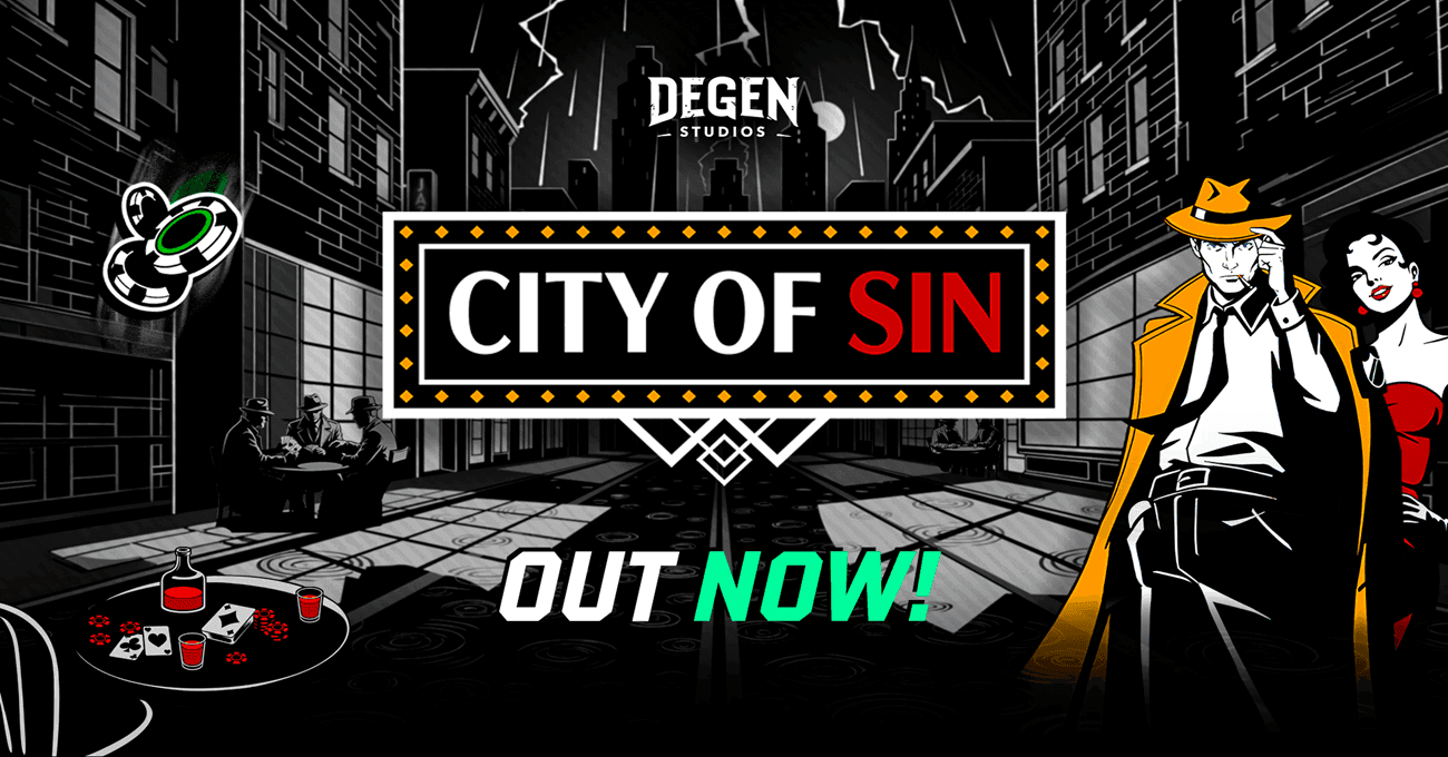 Editorial image of the City of Sin slot from DEGEN Studios featuring noir motifs, detective symbols, and femme fatale.