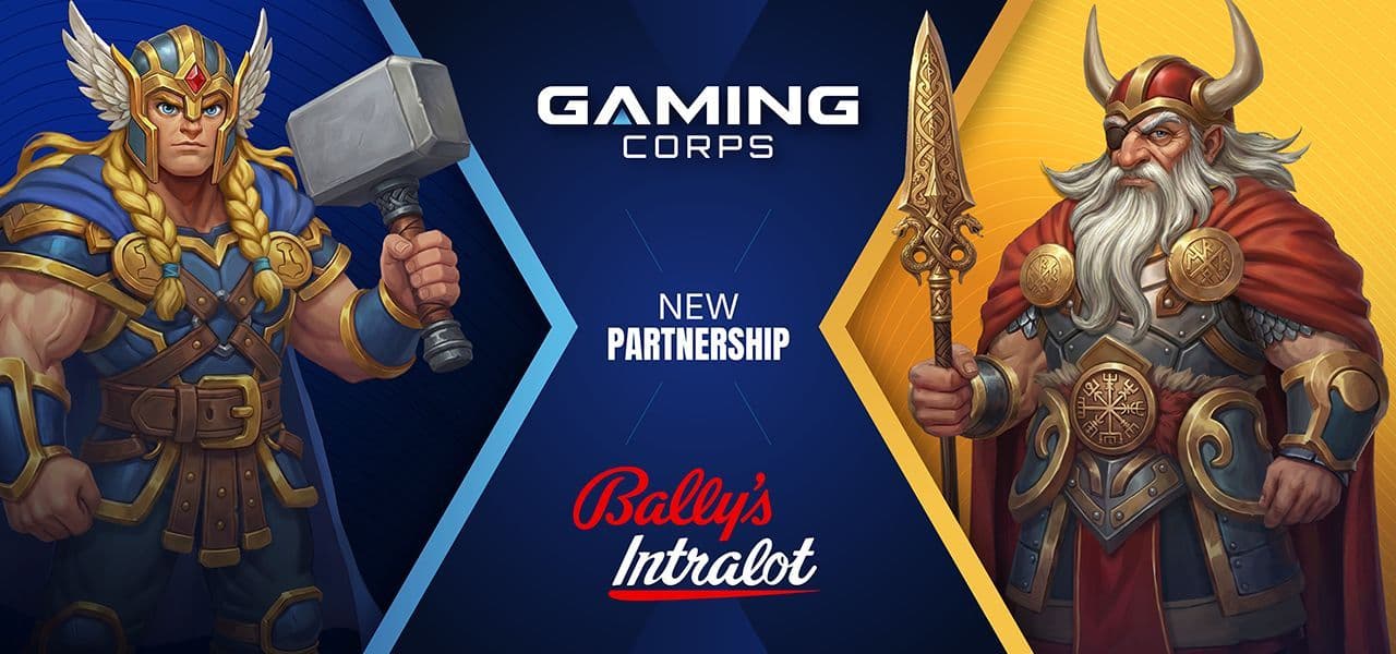 Logos de Gaming Corps y Bally’s Intralot con fondos de marca de casino en línea del Reino Unido y España que representan la asociación de contenido.