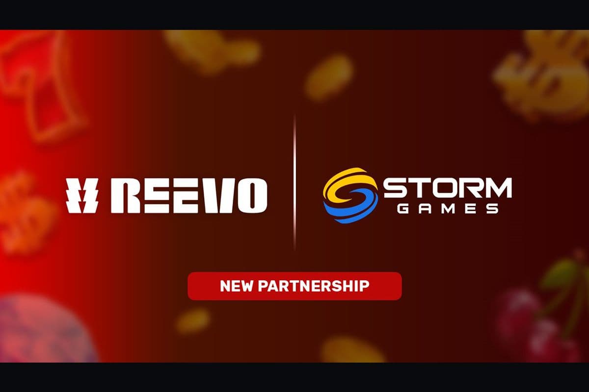 REEVO and Storm Games logos on a digital casino platform background symbolising partnership integration