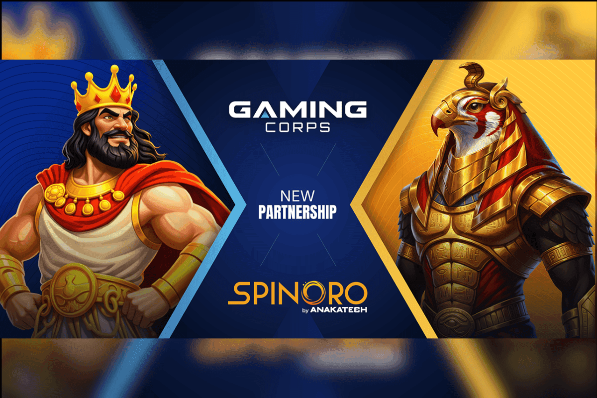 Gaming Corps and SpinOro by Anakatech logos with a digital casino interface displaying game titles