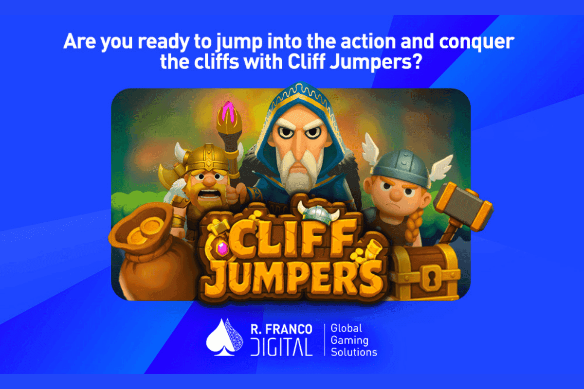 Four Viking characters leap from a cliff toward a longship in a digital slot game setting