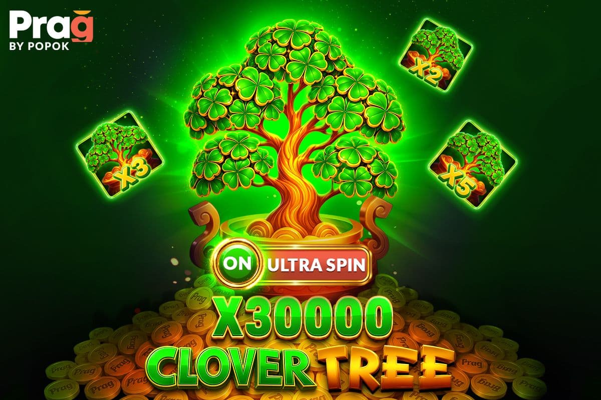 Clover Tree x30000 Prag slot machine interface by PopOK Gaming displayed across desktop and mobile devices