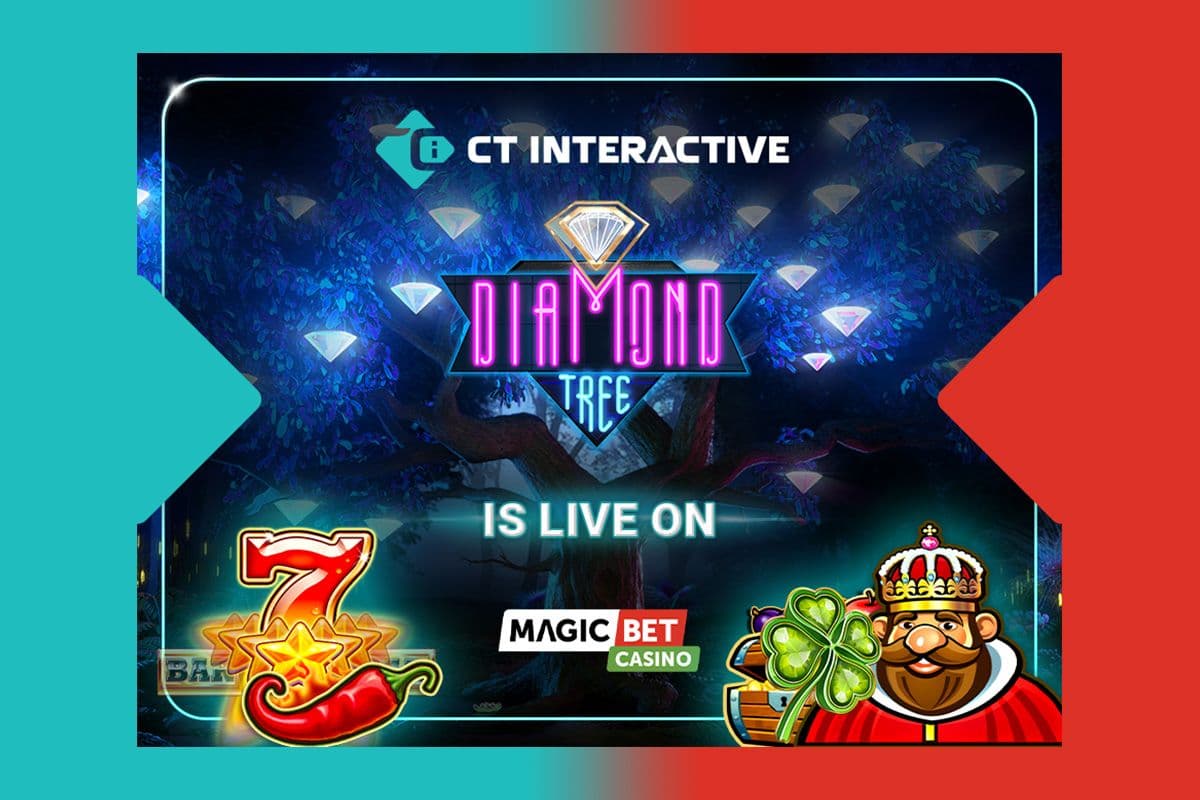 Interfaz de Diamond Tree Jackpot destacando tres niveles progresivos y selección de slots de CT Interactive en el casino MagicBet