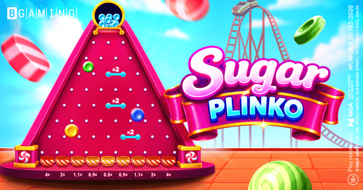 Sugar Plinko game screen featuring candy-themed Plinko board, vibrant colors, and multiplier pockets