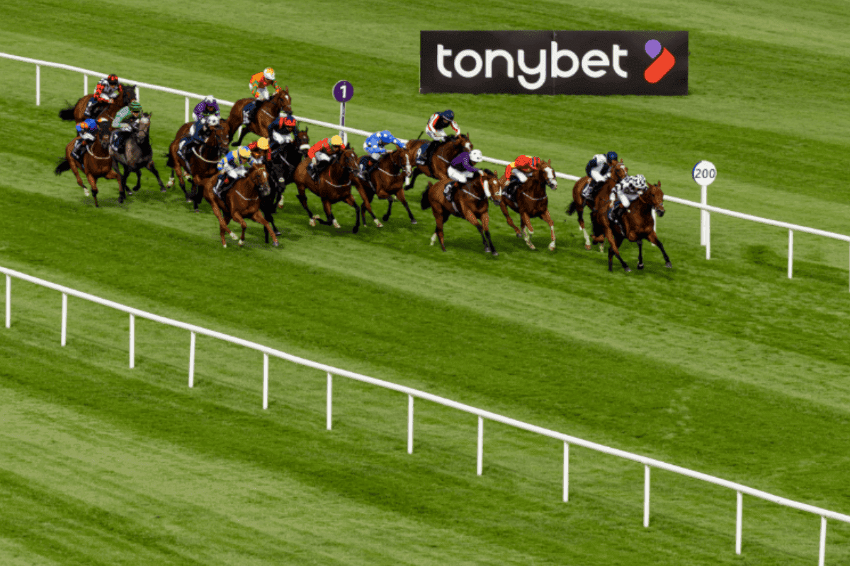Aerial view of Leopardstown Racecourse with Tonybet branding during the Irish Champions Festival 2026