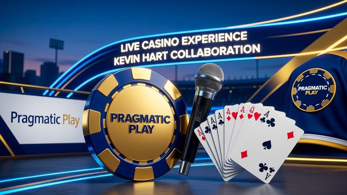 Kevin Hart standing in a live casino studio environment with Pragmatic Play branding and gaming tables in view