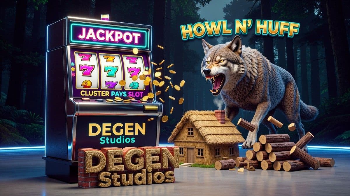 Howl N' Huff slot game showing upgraded houses and the Wolf bonus feature by DEGEN Studios