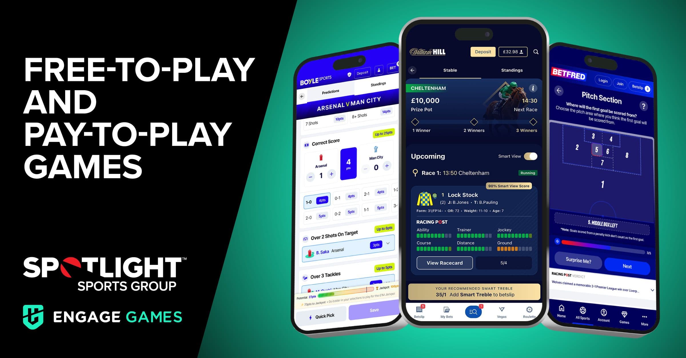 Logos de Spotlight Sports Group y Engage Games junto a una representación digital de un juego F2P de deportes y carreras