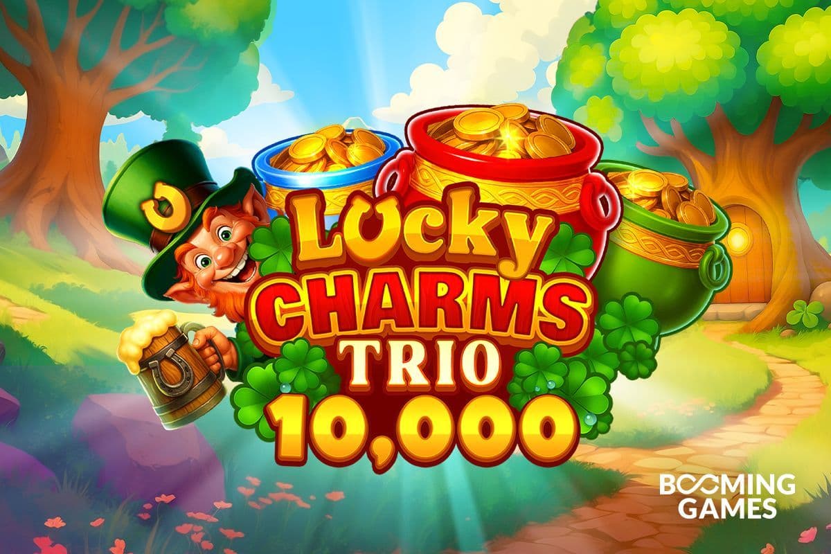 Pantalla ilustrativa de Lucky Charms Trio 10,000 con iconos de monedas y botes sobre fondos coloridos de casino online