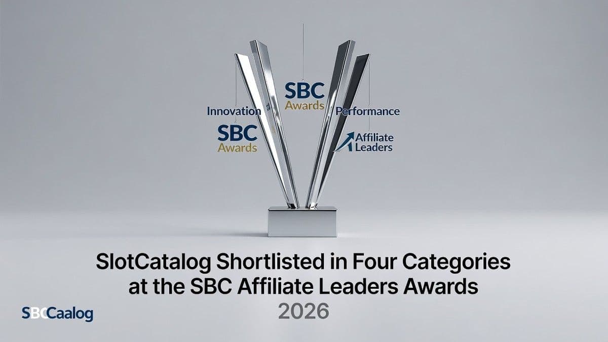 SlotCatalog team accepting nominations at the SBC Affiliate Leaders Awards 2026 event in Lisbon