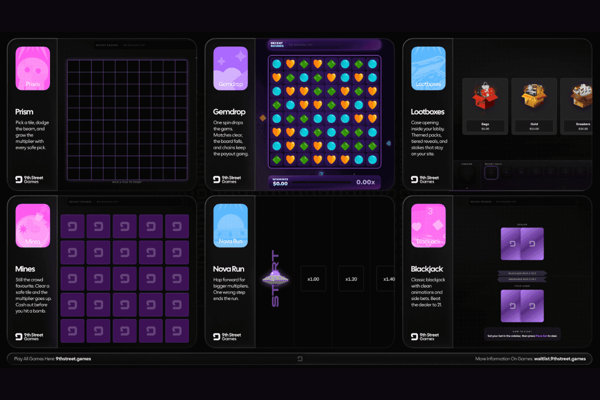 Opening screen of 9th Street Games B2B casino studio with logos for 96.com and Yoller.com and original format game icons