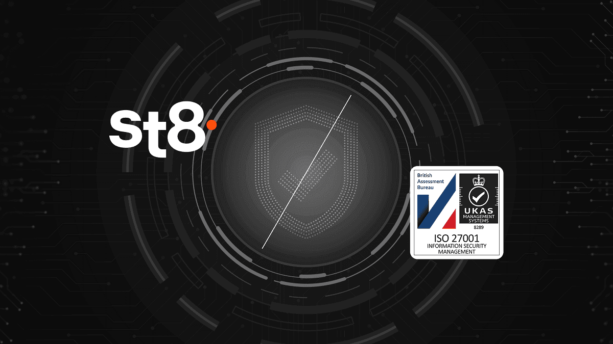 St8 logo with digital security icons representing ISO/IEC 27001:2022 certification across an international backdrop