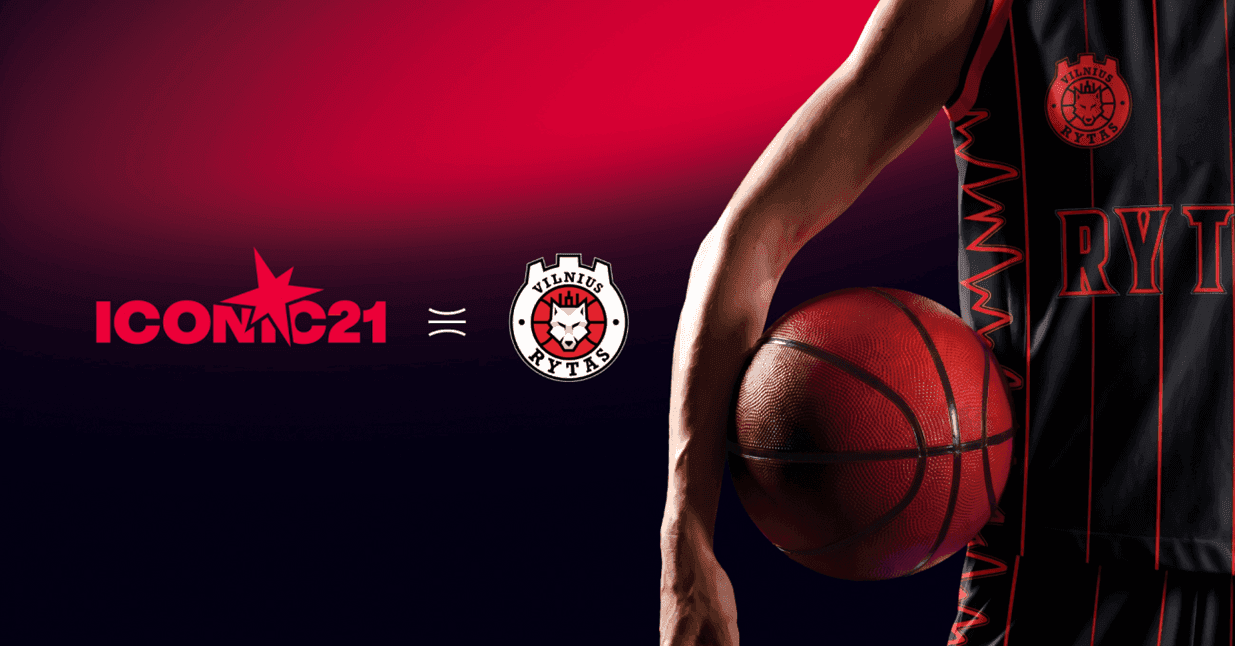 ICONIC21 and BC Rytas logos displayed in front of a modern office building in Vilnius, Lithuania