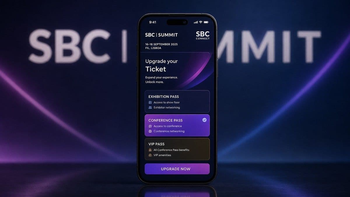 Captura de pantalla de la aplicación SBC Connect mostrando opciones de mejora de boletos para el SBC Summit Lisboa