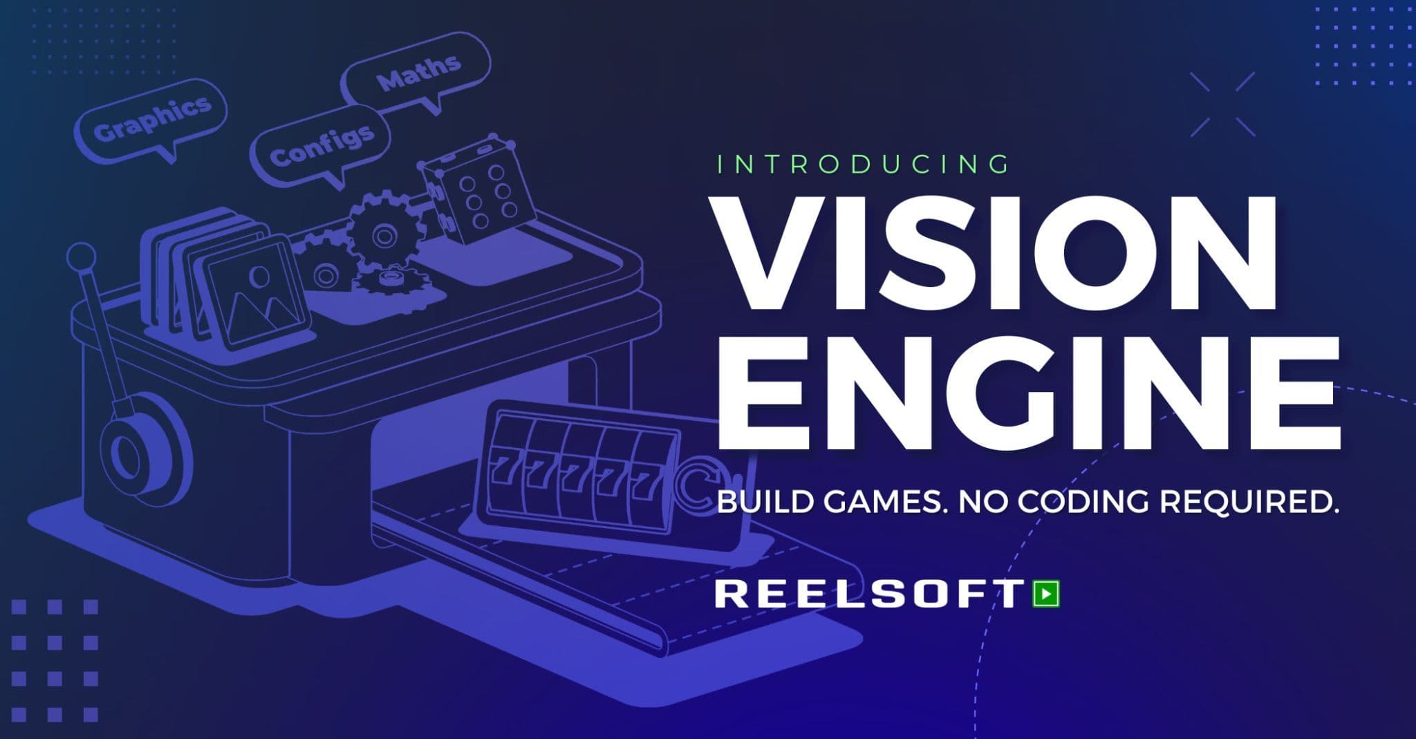 Screenshot of Reelsoft's Vision Engine no-code casino game build interface displaying uploaded maths and graphics modules