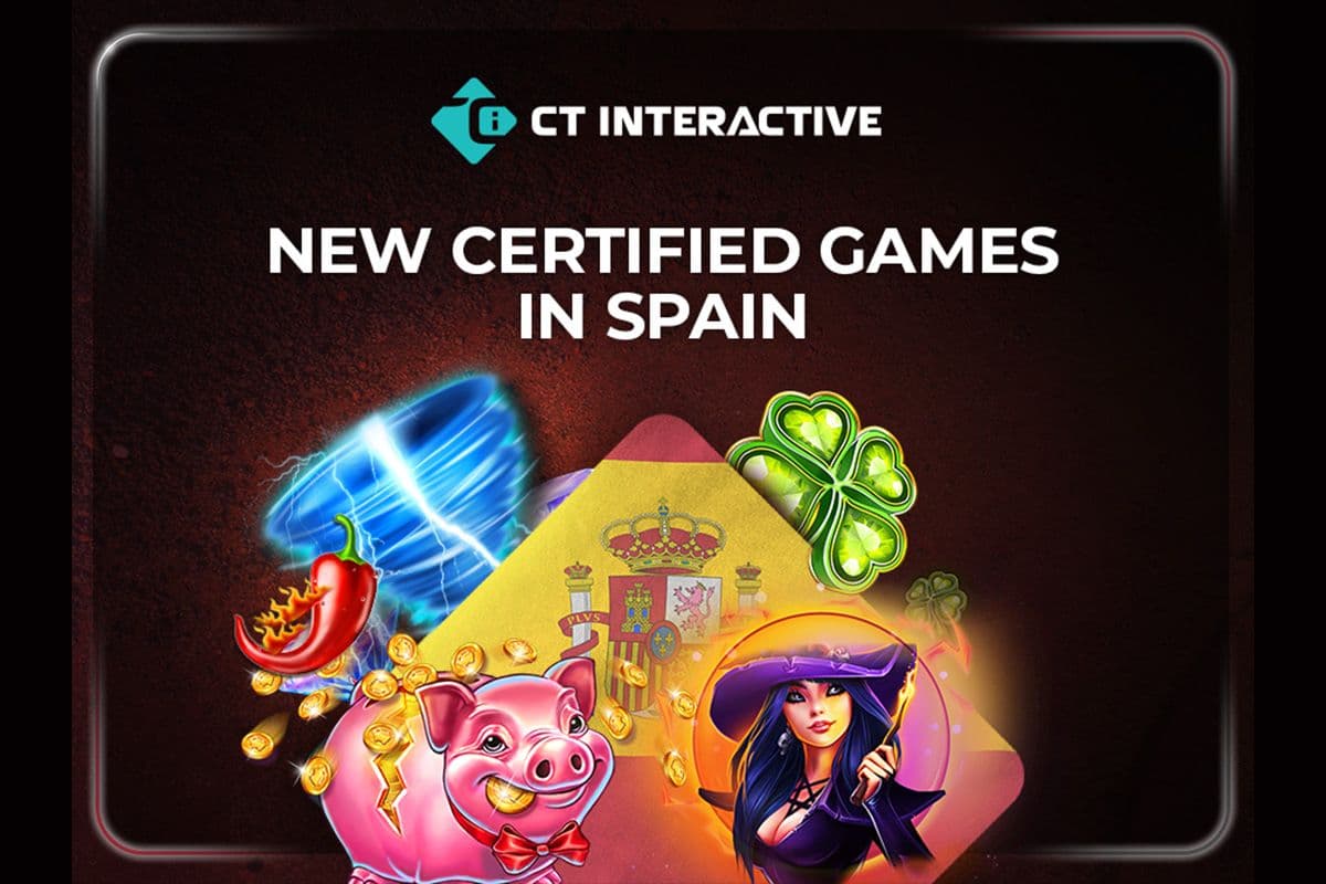 CT Interactive logo overlaid on a Spanish map with various digital slot games displayed