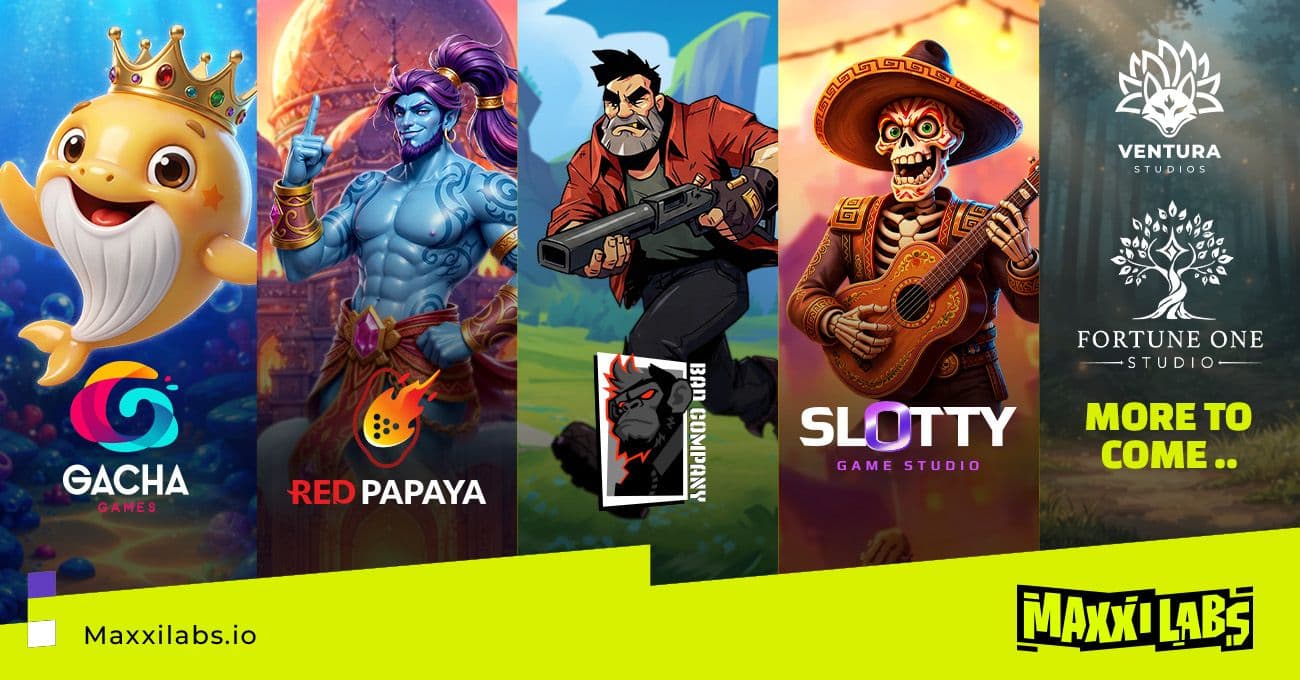Editorial image representing Maxxi Labs and its six game studios, with casino game visuals and integration lines