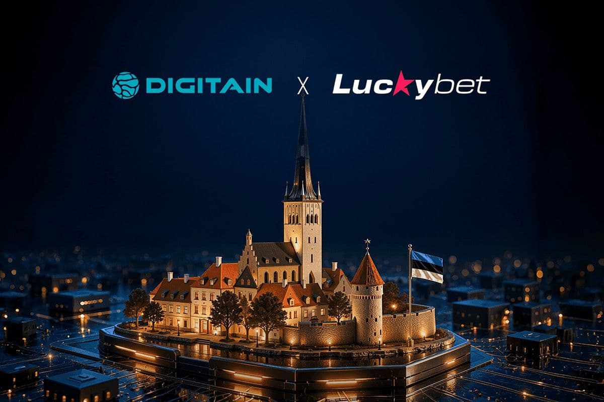 Digitain and LuckyBet.ee logos overlaid on a digital map of Estonia, representing their new B2B partnership
