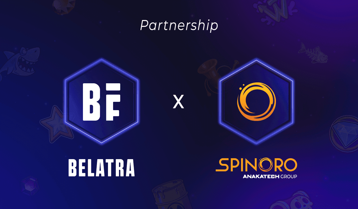 Logos de Belatra Games y SpinOro con carretes de tragamonedas digitales e íconos del mercado latinoamericano