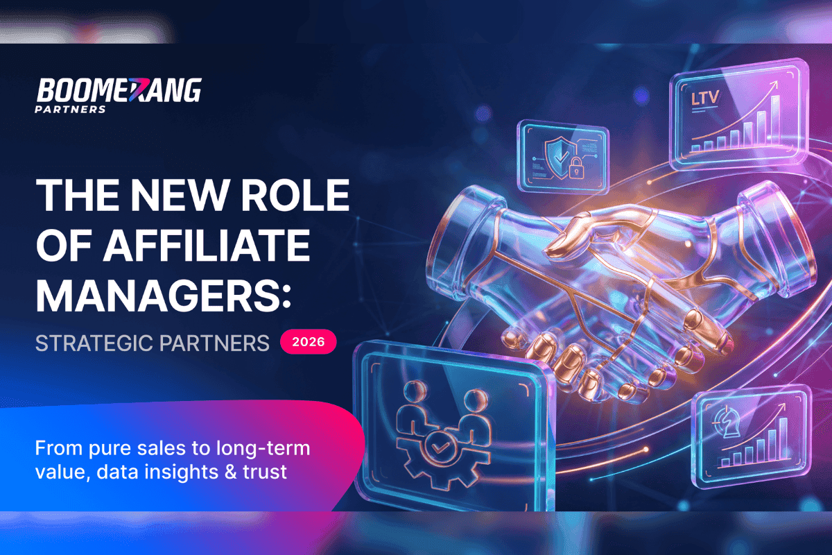 Un affiliate manager revisando métricas de tráfico y conversando estratégicamente con un socio en un entorno digital de iGaming