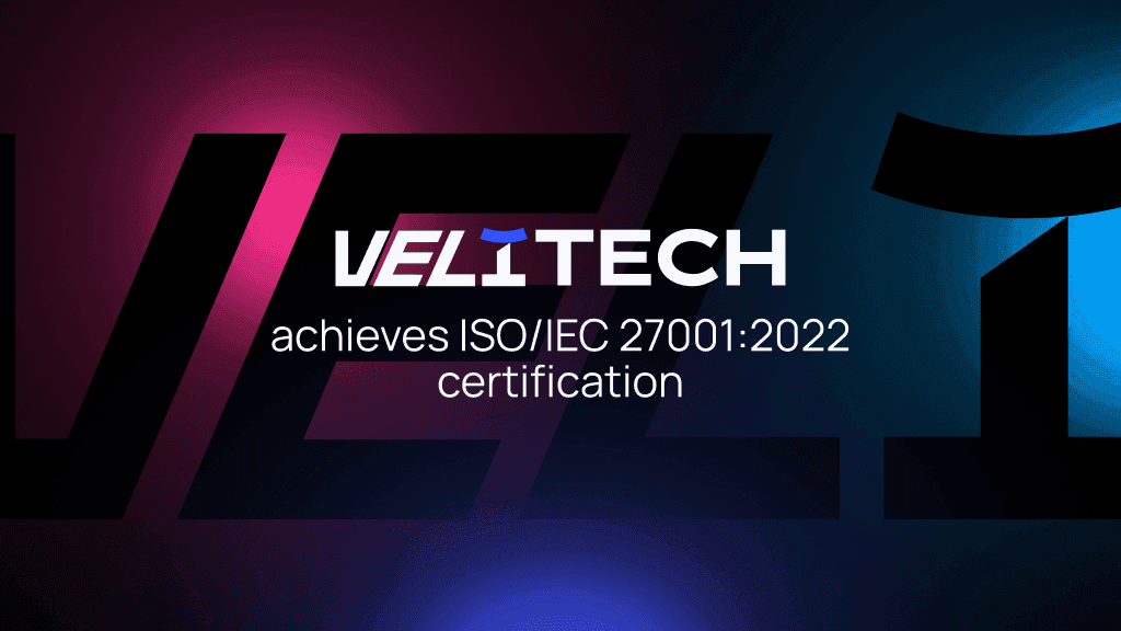 VeliTech's ISO/IEC 27001:2022 certificate displayed alongside branding for VeliPlay and Heaven of 7
